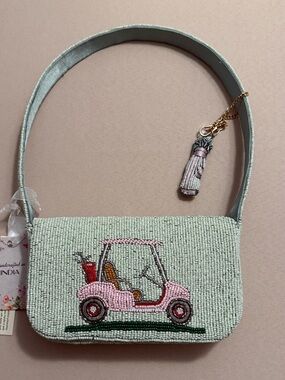 India Beaded Bag Green with Pink Golf Cart and Golf Clubs Bag Charm